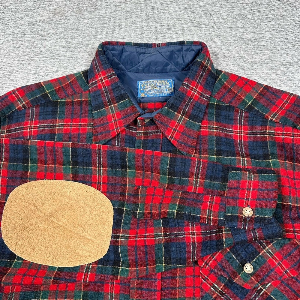 Vintage Pendleton Shirt Mens Medium Plaid 100% Virgin Wool Flannel Elbow Patches